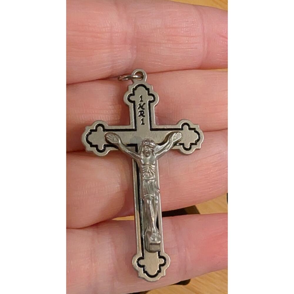 Vintage Budded Jesus Crucifix Cross SilverTone Pendant INRI Stainless Steel‎ 2"